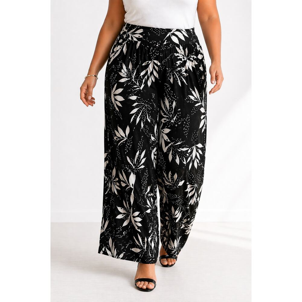 Avenue / Arna York Plus 26/28 Wide Leg Pants Black White Stretch Pull-On NWT